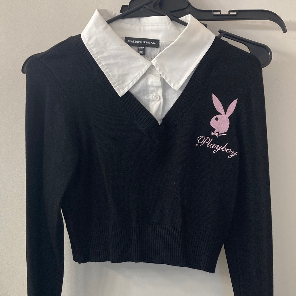 PLAYBOY Black Knit Top with Pink Bunny